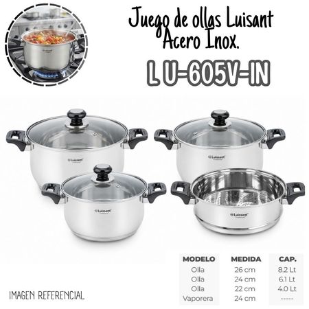 Juego de Ollas Acero Inoxidable LUISSANT 7 Pzs LU-605V-IN - NEGRO
