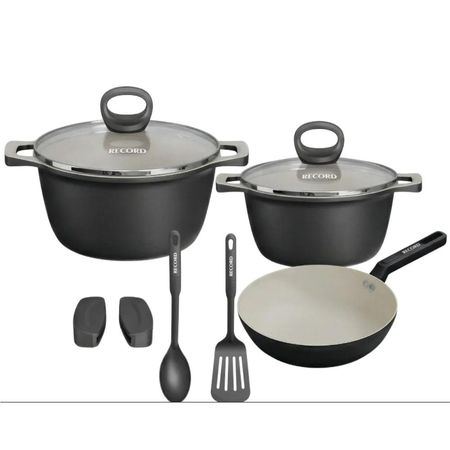 Batería de Cocina Record Ceramic Black 5 Piezas con Tapas de Vidrio