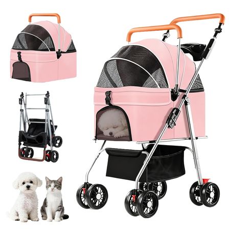 Coche 3 EN 1  para Mascotas Desmontable y Plegable - Transporte Seguro y Cómodo - ROSADO