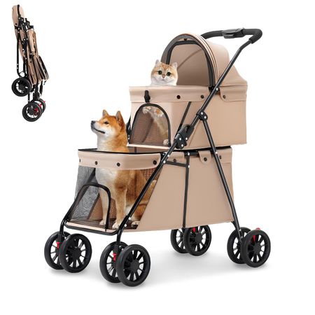 COCHE DOBLE PARA MASCOTAS PLEGABLE Y CON PORTA VASOS - COLOR KHAKI