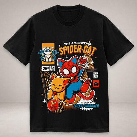 Polo Especial Spider Cat Diseño para Cumpleaños Color Negro Talla S