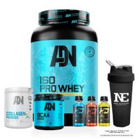 COMBO ADN - ISO PRO WHEY 1KG. COOKIE Y BCAA 8000 540GR. FRUIT PUNCH Y COLLAGEN 500G NARANJA Y SHAKER
