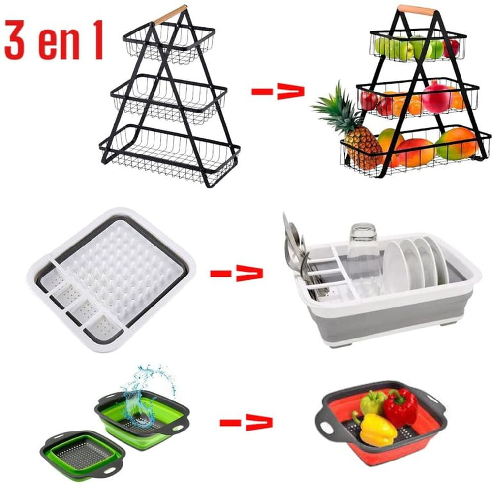Frutero Escurridor y Colador 3 en 1 Plegable para Cocina Multicolor