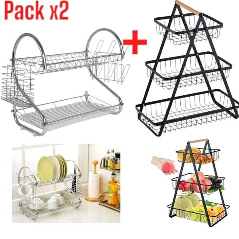 Combo Cocina: Frutero Metálico 3 Niveles y Escurridor SecaPlatos Multicolor