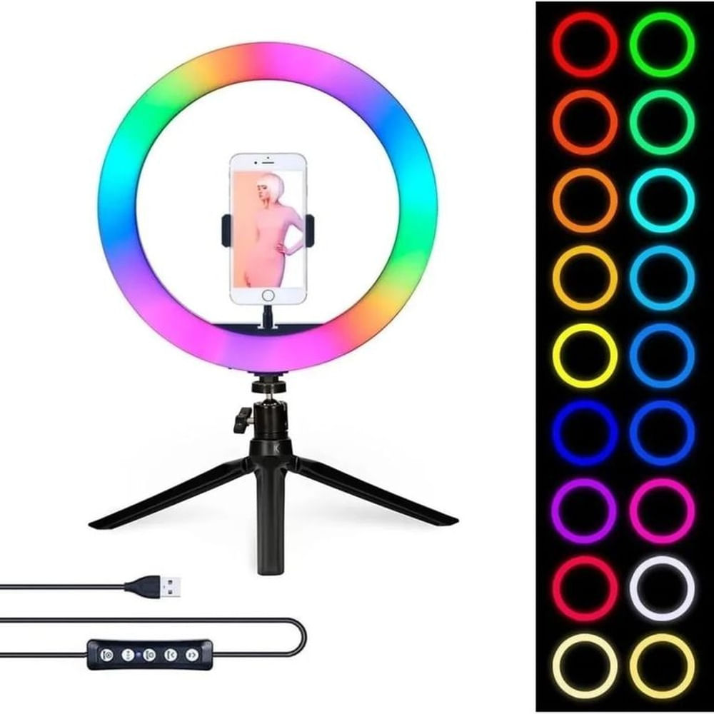 Aro de Luz LED Regulable con Trípode Soporte para Móvil para Selfies Tiktoker y Streaming en Vivo Multicolor