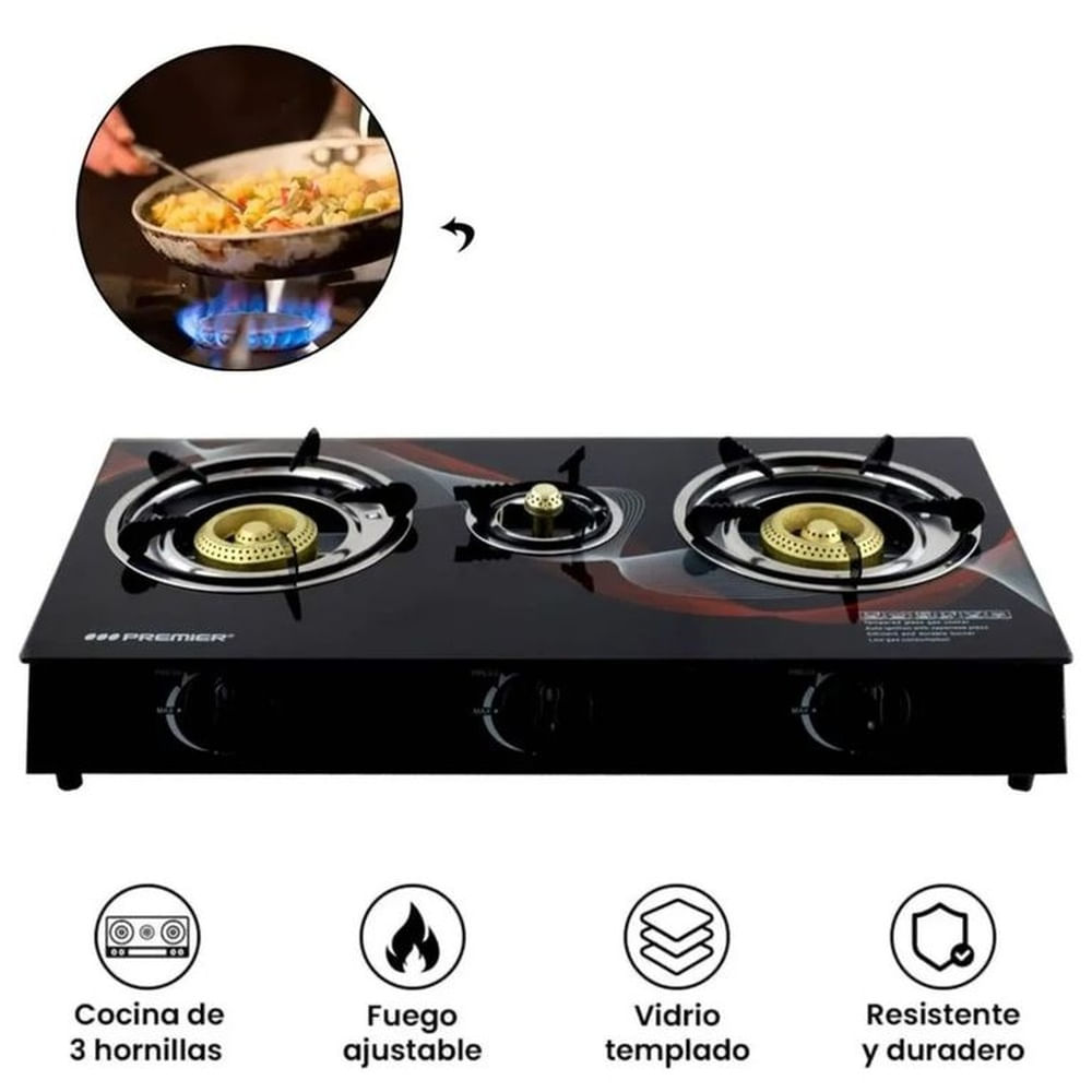 Cocina Estufa de Gas de Vidrio Templado 3Hornillas Multicolor