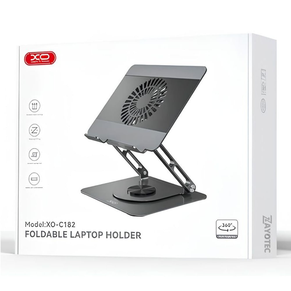 Soporte Plegable Laptop XO Gris Ventilador Enfriamiento Rotación 360° hasta 17.3 Gris