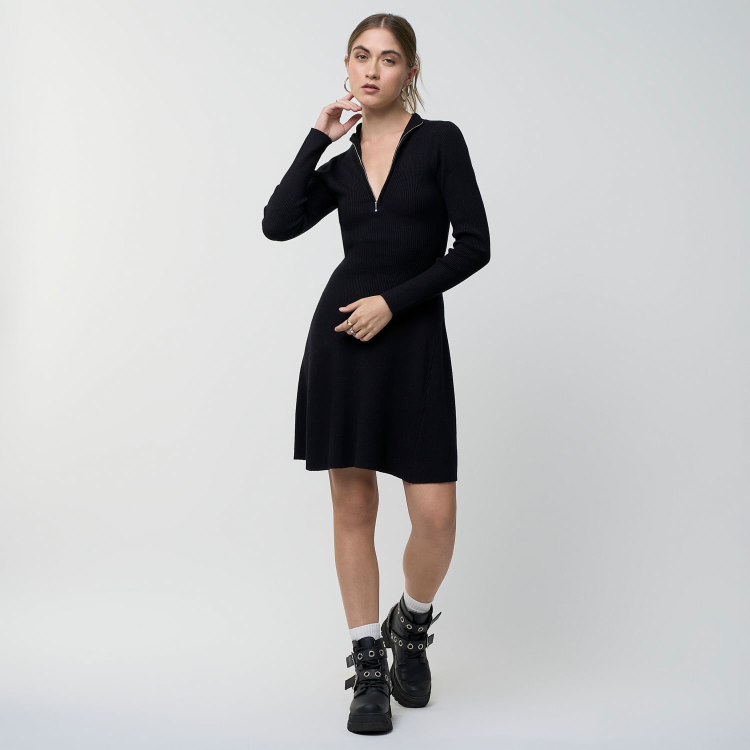 Vestido Corto Mujer Zip Hypnotic Manga Larga Negro L