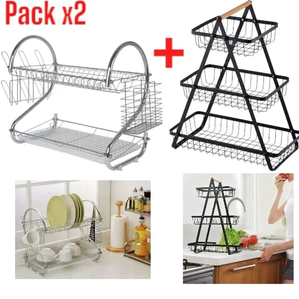 Frutero de 3 Pisos Metálico y Rack Escurridor de Platos Combo Multicolor