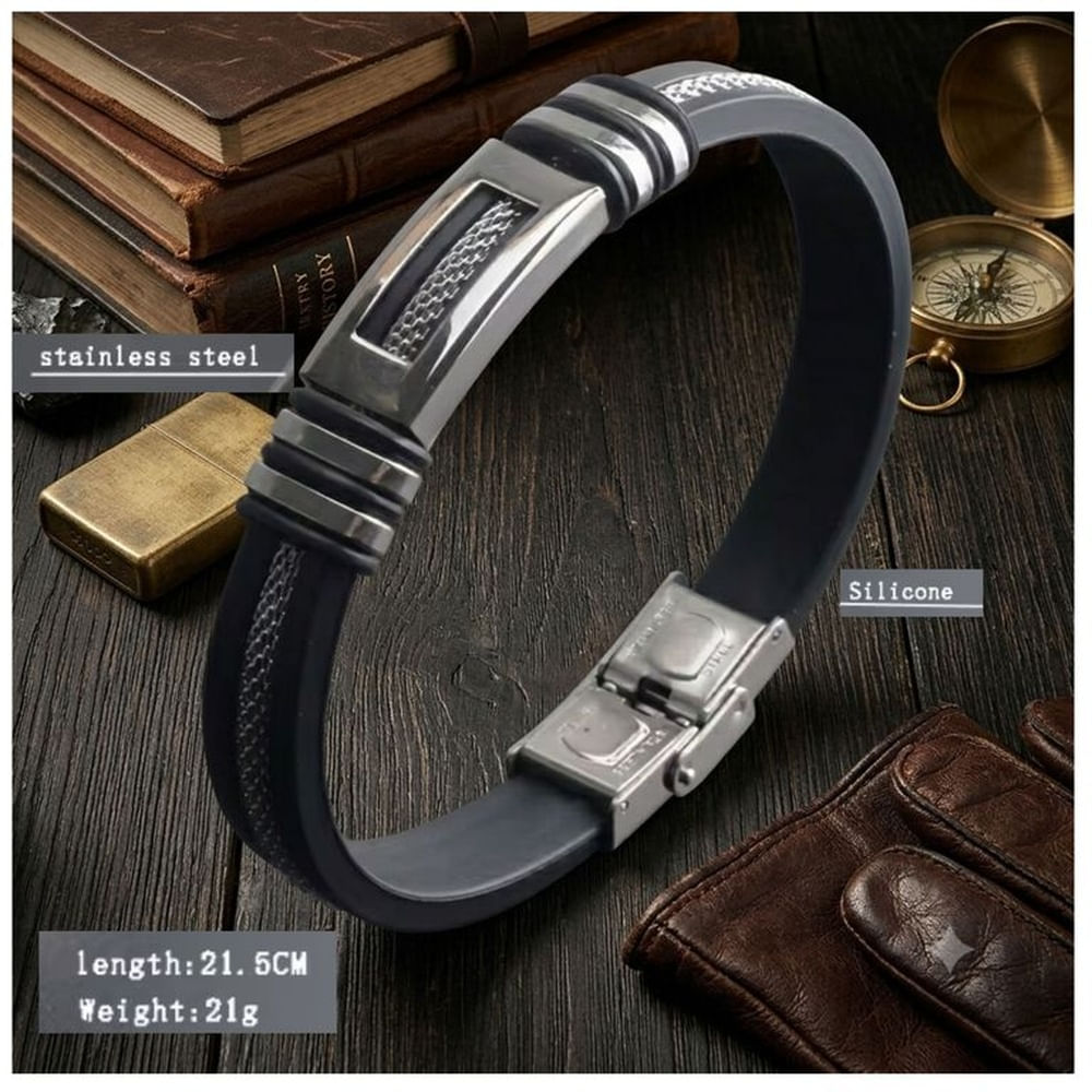 Pulsera de brazalete de acero inoxidable y cuero genuino Negro Talla única