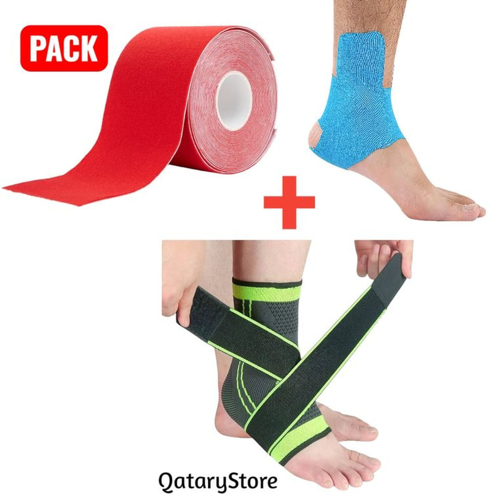 Pack Tobillera Ajustable y Cinta Kinesiologica 5cmx5m FisioTerapia Talla Estándar Multicolor