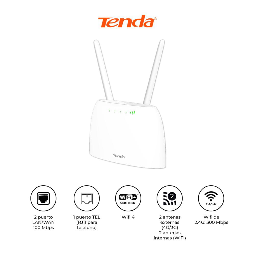 Router Wi-Fi 4G LTE Tenda 4G06 N300 con VoLTE, RJ11 y Velocidad de hasta 150 Mbps