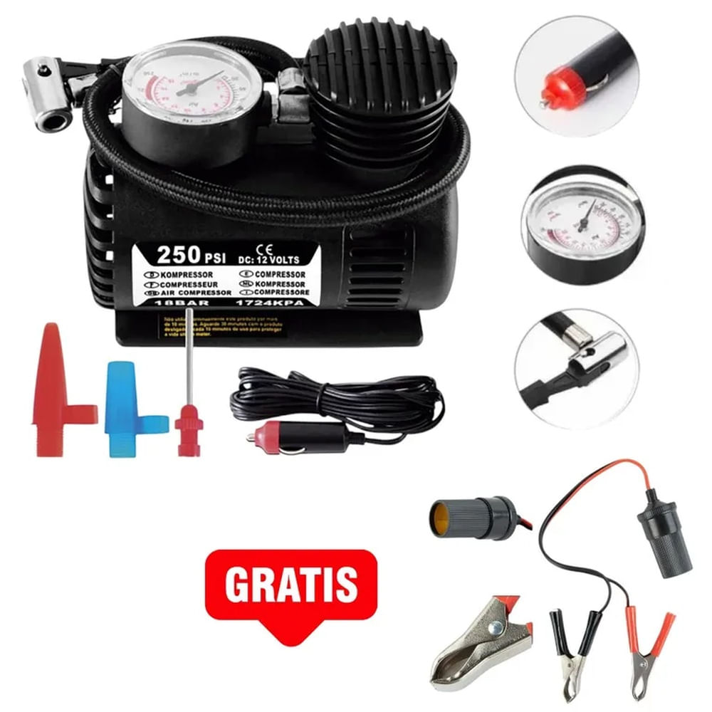 Mini Compresor 250 Psi Inflador Auto Moto Bici Inflable GRATIS Conector 12V Negro