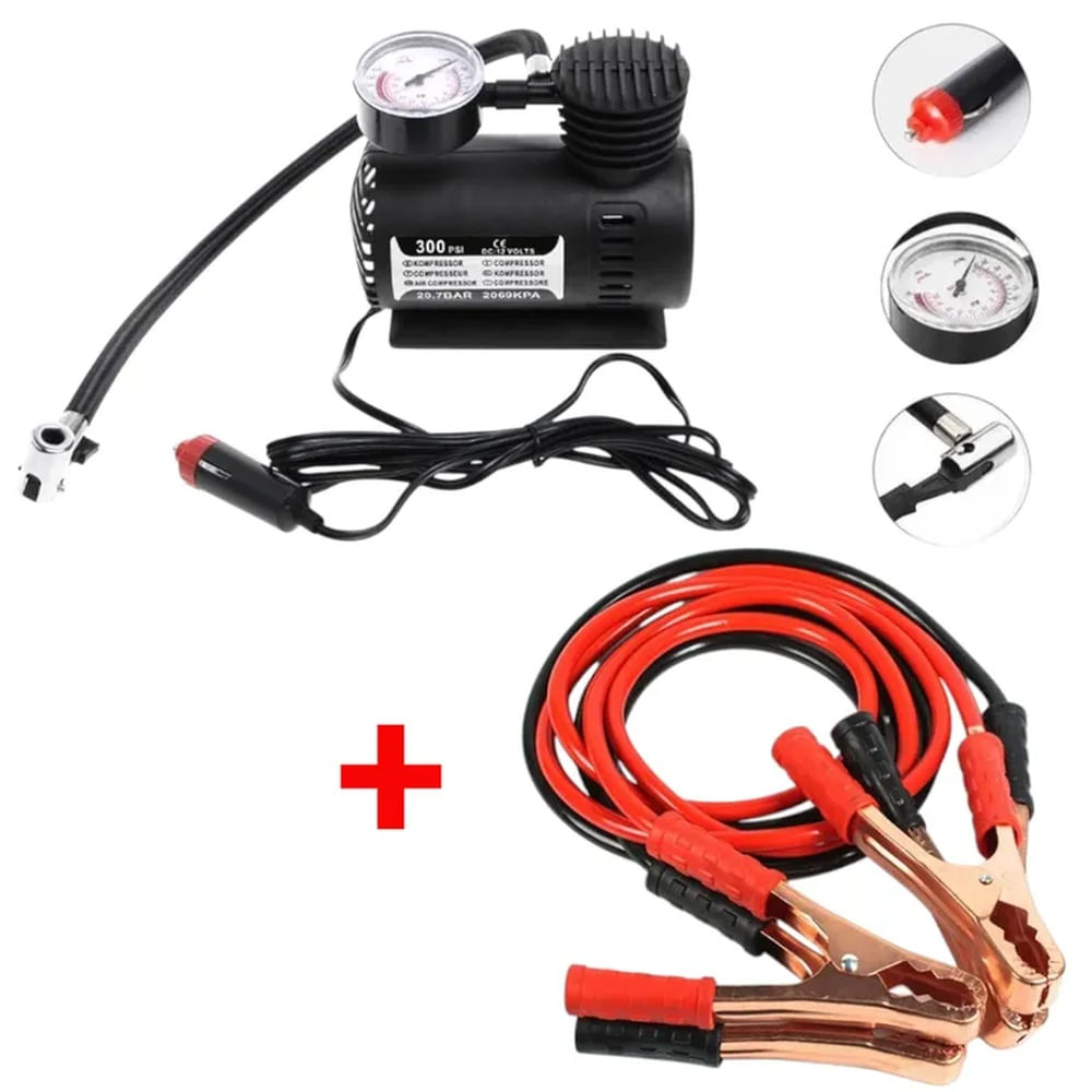 Combo Compresor Inflador Llanta Autos y Cable Arrancador para Bateria Negro
