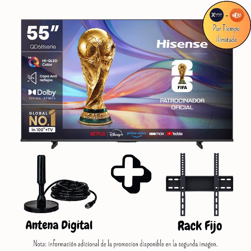 Televisor Hisense 55 Pulgadas QLED Antirreflejo Google TV 55QD68SG Promoción Antena Rack Fijo