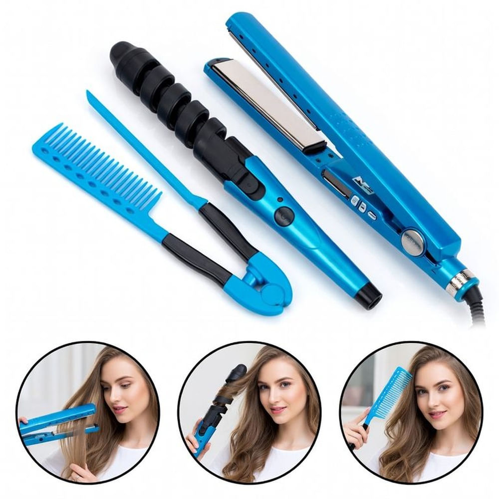 Plancha de Pelo Nano Titanium + Ondulador con Guía Espiral y Peine - Kit Estilizado Multicolor