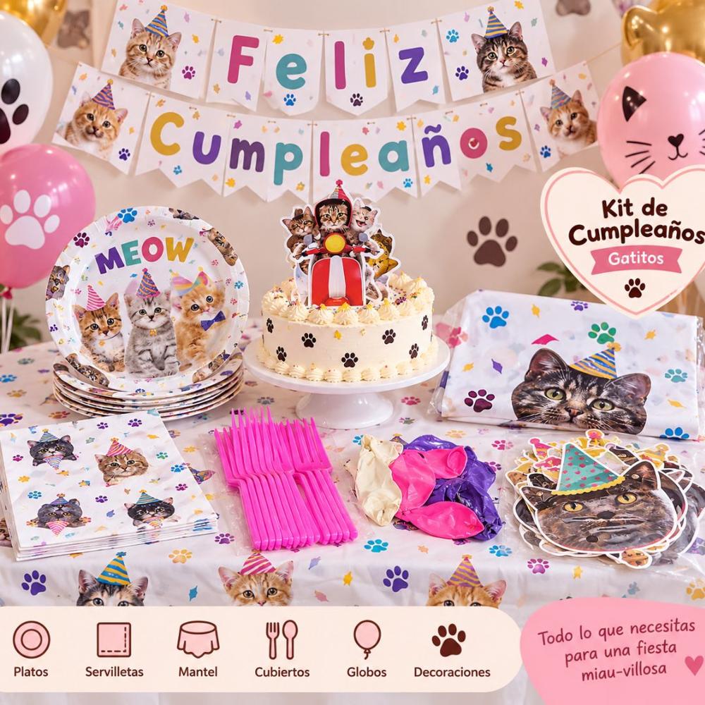 Kit de Decoracion Completa De fiesta con tematica de gatos
