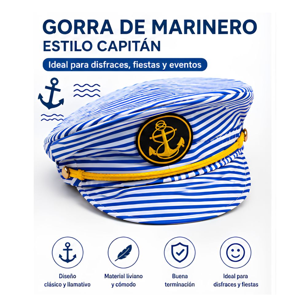 Gorra de Marinero Capitán Azul y Blanco con Ancla Dorada Disfraces Halloween Fiesta