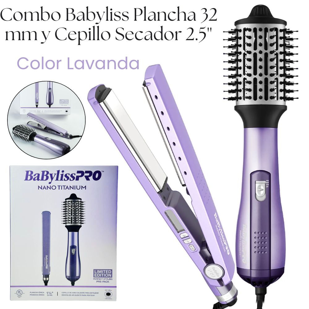COMBO DE PLANCHA BABYLISS PRO IONICA CON CEPILLO HOT AIR STYLING - LAVANDA