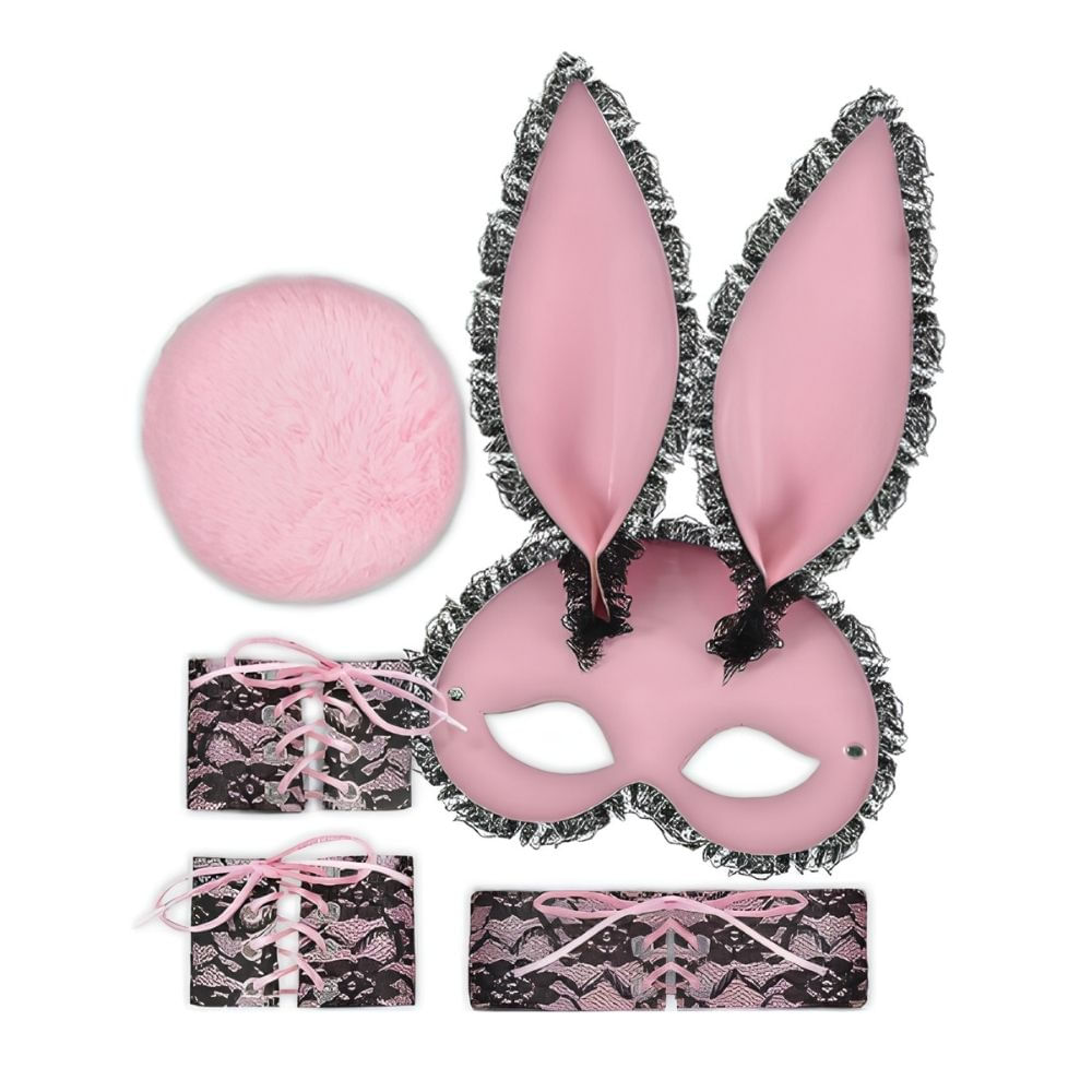 Set Disfraz Conejita Chic Rosa con Antifaz Gargantilla Puños y Cola Halloween Fiesta