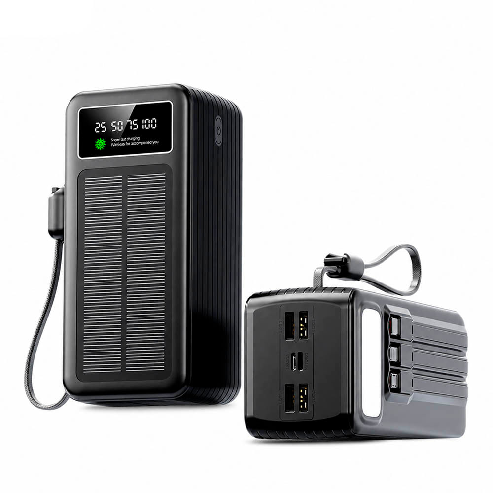 Power Bank Demgel Negro 55 000 mAh DE2302 4 Cables Integrados Carga Rápida PD 25W Solar y Luz Led