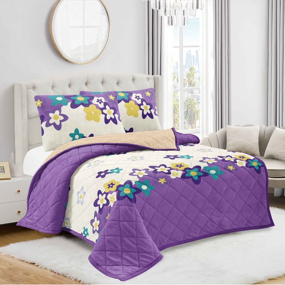 Cobertor Edredon 3 Piezas Piel de Angel con Carnero Estampado en Bolsa Ziploc Morado