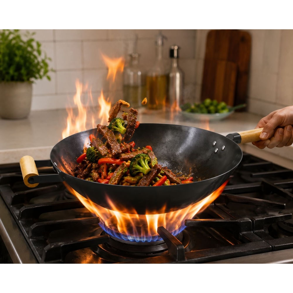 Wok chifero de acero con mango de madera