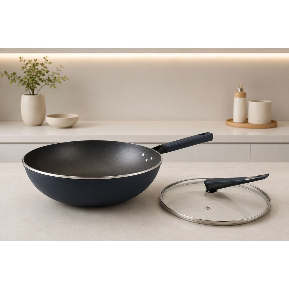Sartén Wok de Titanium Antiadherente con Tapa de Vidrio