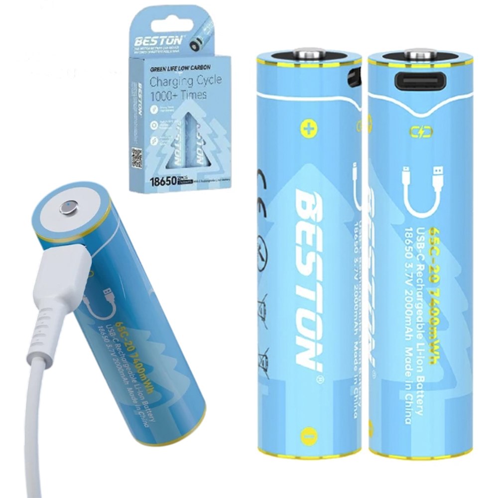 Pack 2 Pilas Recargables 18650 Litio BESTON 3.7V 2000mAh 7400mWh Carga Directa USB-C