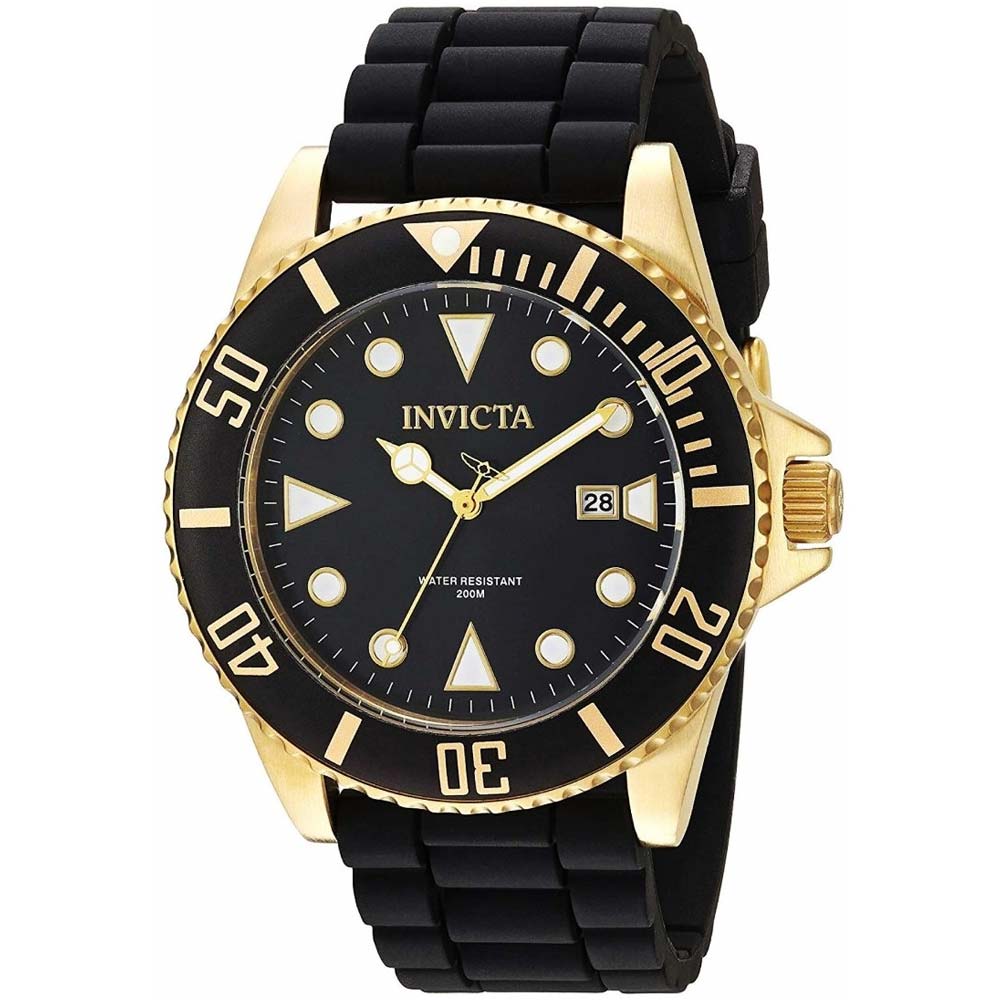 Reloj Invicta Pro Diver 90303 Fecha Acero Inoxidable Dorado Correa de Silicona Negro
