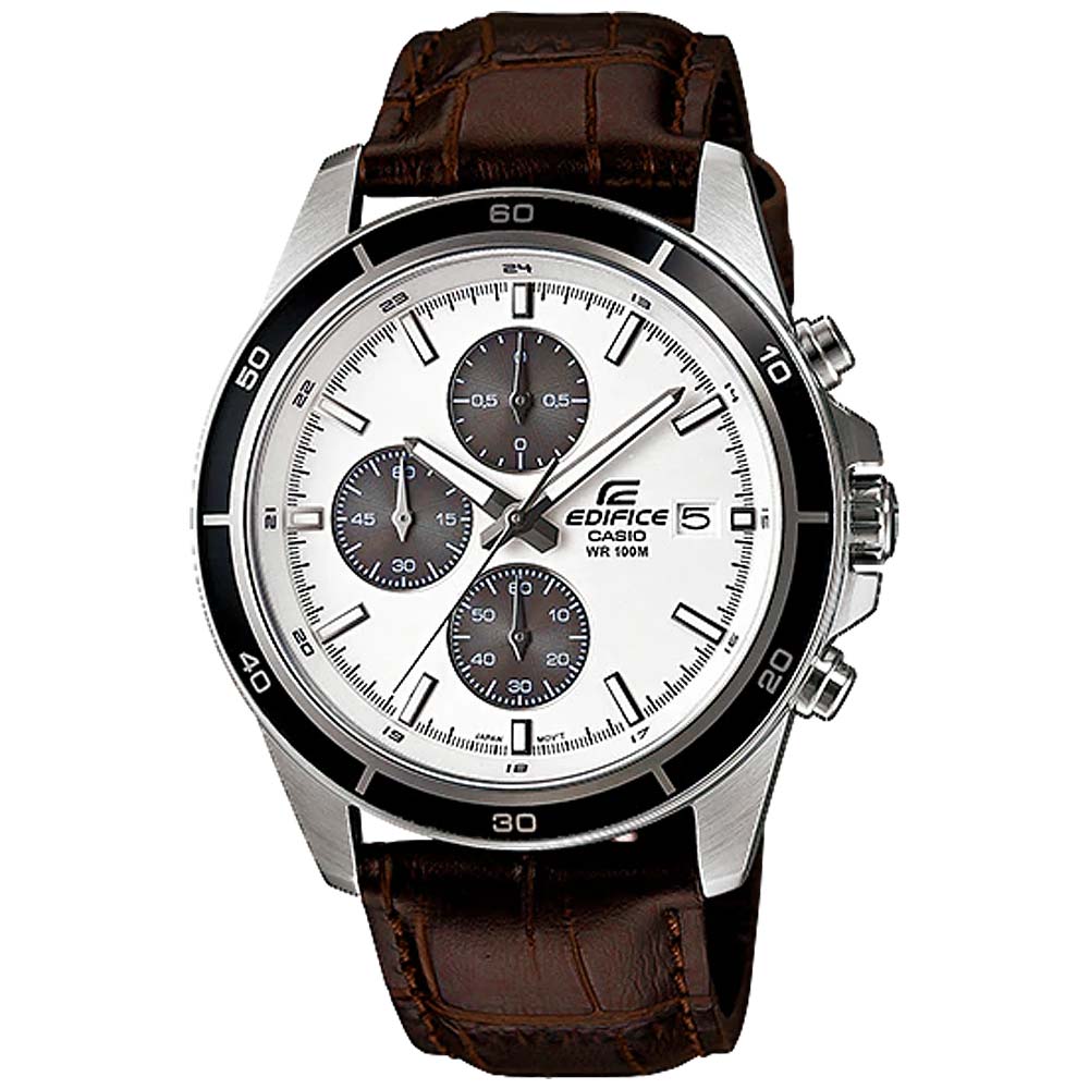 Reloj Casio Edifice EFR-526L-7AV Fecha Cronómetro Correa de Cuero Marrón Dial Blanco