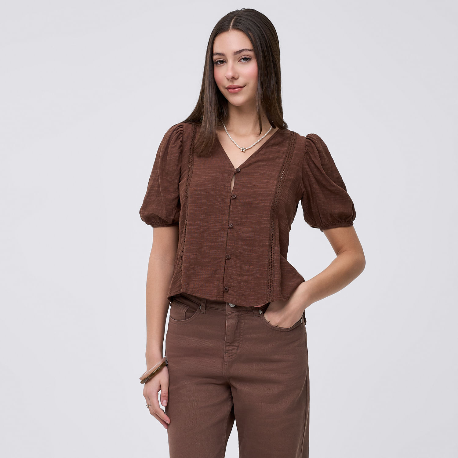 Blusa Mujer Globo Amc Manga Corta Marrón S