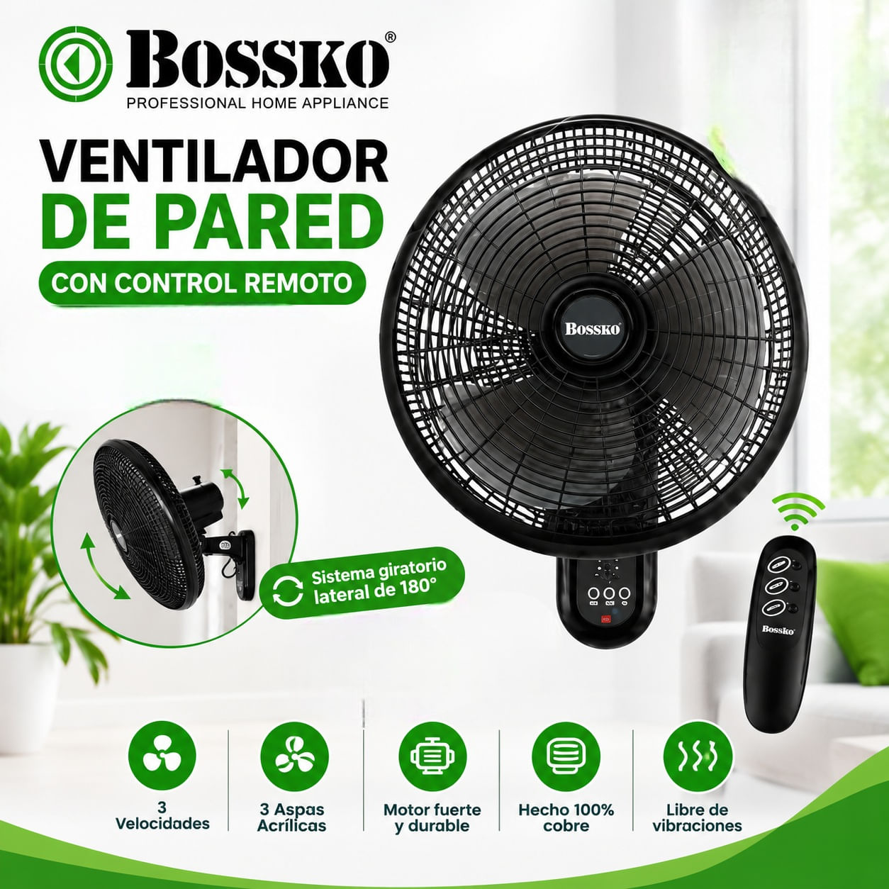 VENTILADOR DE PARED BOSSKO CON CONTROL REMOTO