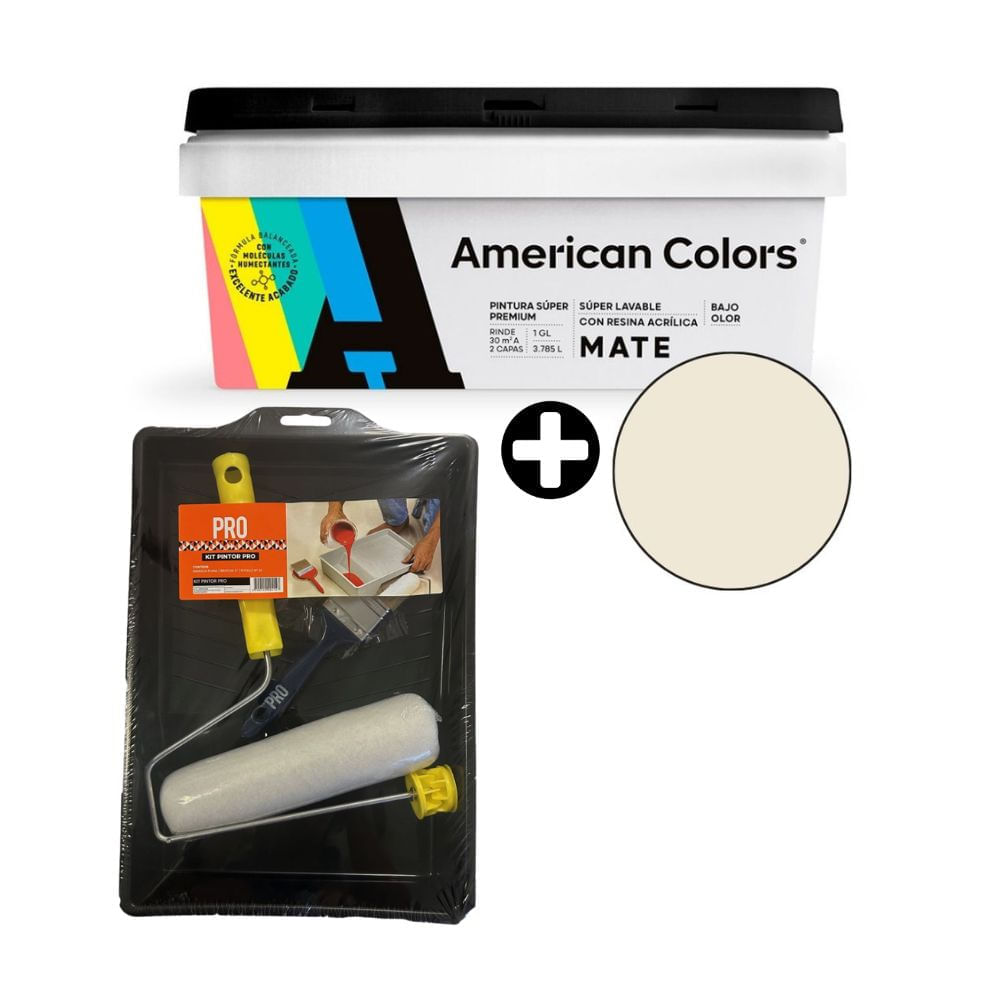 COMBO Pintura American Colors Mate Bl Humo 1 gl + Kit Pro Pintor: Bandeja + Rodillo + Brocha