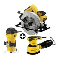 Combo Stanley: Sierra Circular 1600W + Lijadora Orbital 300W + Fresadora 550W