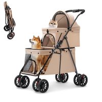 COCHE DOBLE PARA MASCOTAS PLEGABLE Y CON PORTA VASOS - COLOR KHAKI