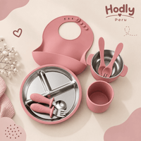 Set de Alimentación para Bebé Rosado Petal Plato Acero Inoxidable Babero y Cubiertos kit 8 piezas