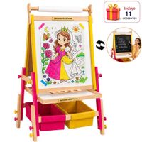 Pizarra de Madera Caballete Niñas 4en1 Fucsia Amarillo Magnética Doble Cara Tiza Acrílica Kit Regalo