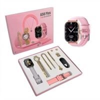 Smartwatch A58 PLUS Set Mujer con Accesorios Dorados y Correas Intercambiables Rosado y Gris.