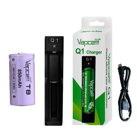 Batería Recargable 16340 RCR123A Vapcell T8 850mAh 3.7V  Cargador Q1