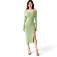 Vestido Asimetrico Manga Larga Broches Rib Grueso Col-26 Color Verde Manzana