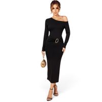 Vestido Asimetrico Broche Manga Larga Dom464-30 Cashimir Color Negro