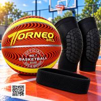 KIT DE BASQUET PELOTA 5 TORNEO NARANJA CON VINCHA Y PAR DE RODILLERAS TALLA M