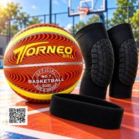 KIT DE BASQUET PELOTA  7  NARANJA TORNEO CON VINCHA Y PAR DE RODILLERAS TALLA  XL