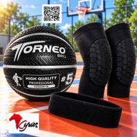 KIT DE BASQUET PELOTA  5  NEGRO TORNEO CON VINCHA Y PAR DE RODILLERAS TALLA  L