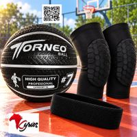 KIT DE BASQUET PELOTA   7  NEGRO TORNEO CON VINCHA Y PAR DE RODILLERAS TALLA  XL