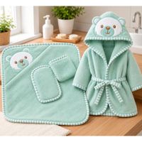 Set De Baño De Bebé Con Toalla Salida De Baño Manopla Y Babita - Verde agua