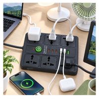 Regleta Eléctrica 6 Tomas Universales 3 USB 3 Puertos Tipo C PD Carga Múltiple Negra