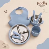 Set de Alimentación para Bebé 8 Piezas Silicona y Acero Inoxidable Azul