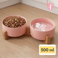 Plato Comedero Gatos Mascotas Perros Doble Ceramica Madera Rosa NANPET